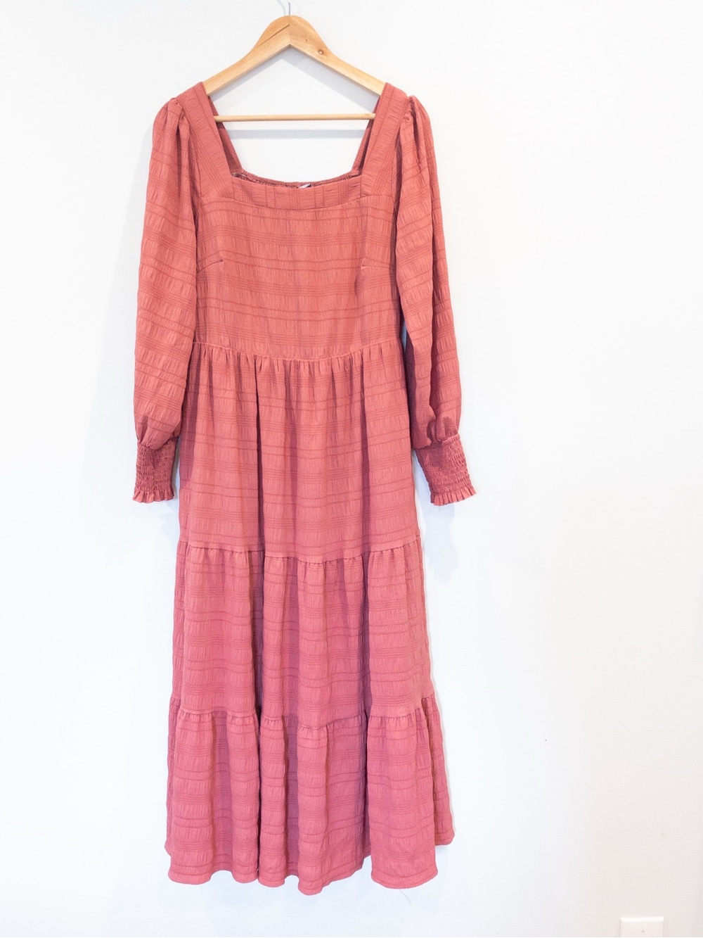 Mauve Pink Tiered Square Neck Smocked Maxi Dress Boho Milkmaid Large